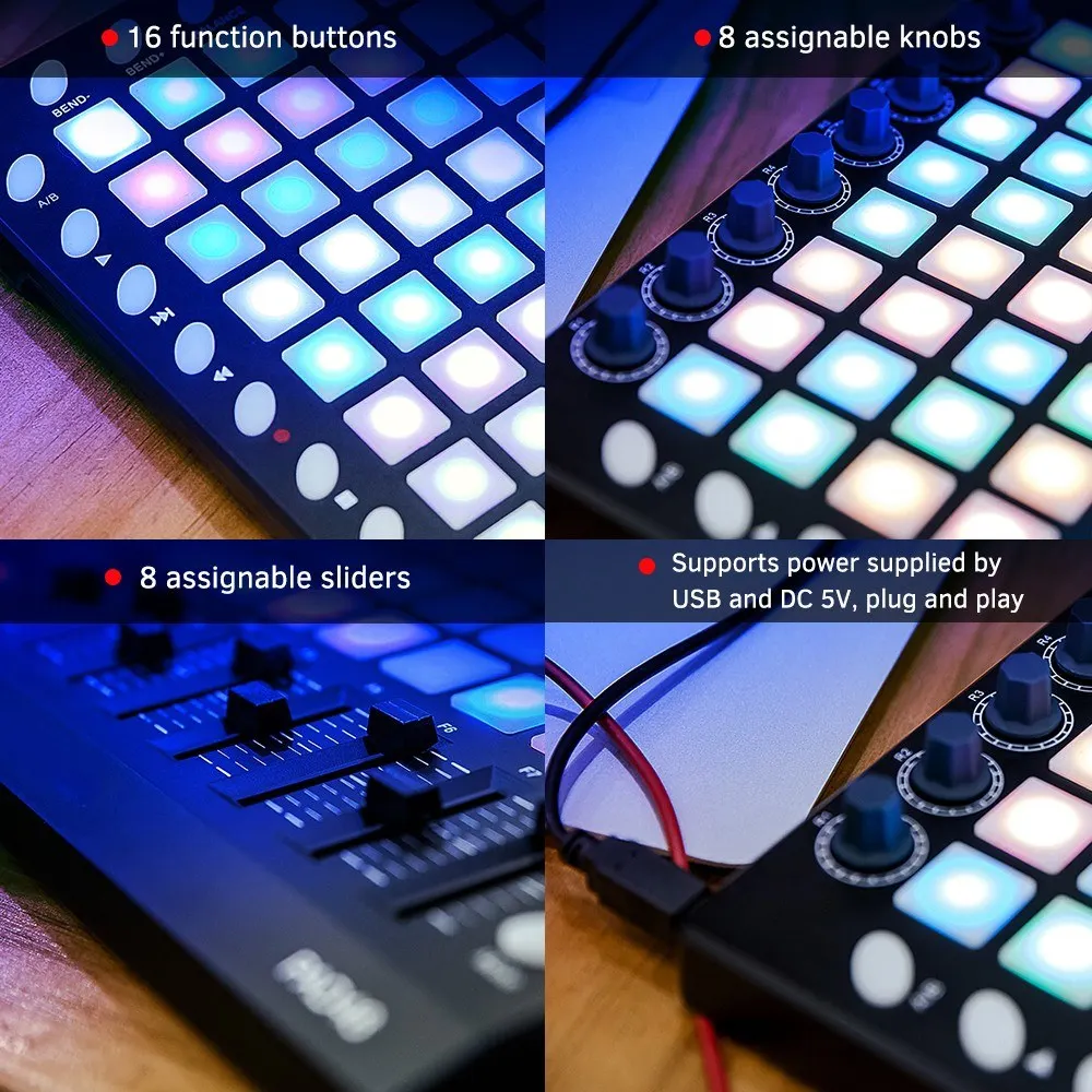 WORLDE PAD48 Portable USB MIDI Drum Pad Controller 48 RGB Backlit Pads 8 Knobs 16 Buttons 8 Sliders With USB Cable