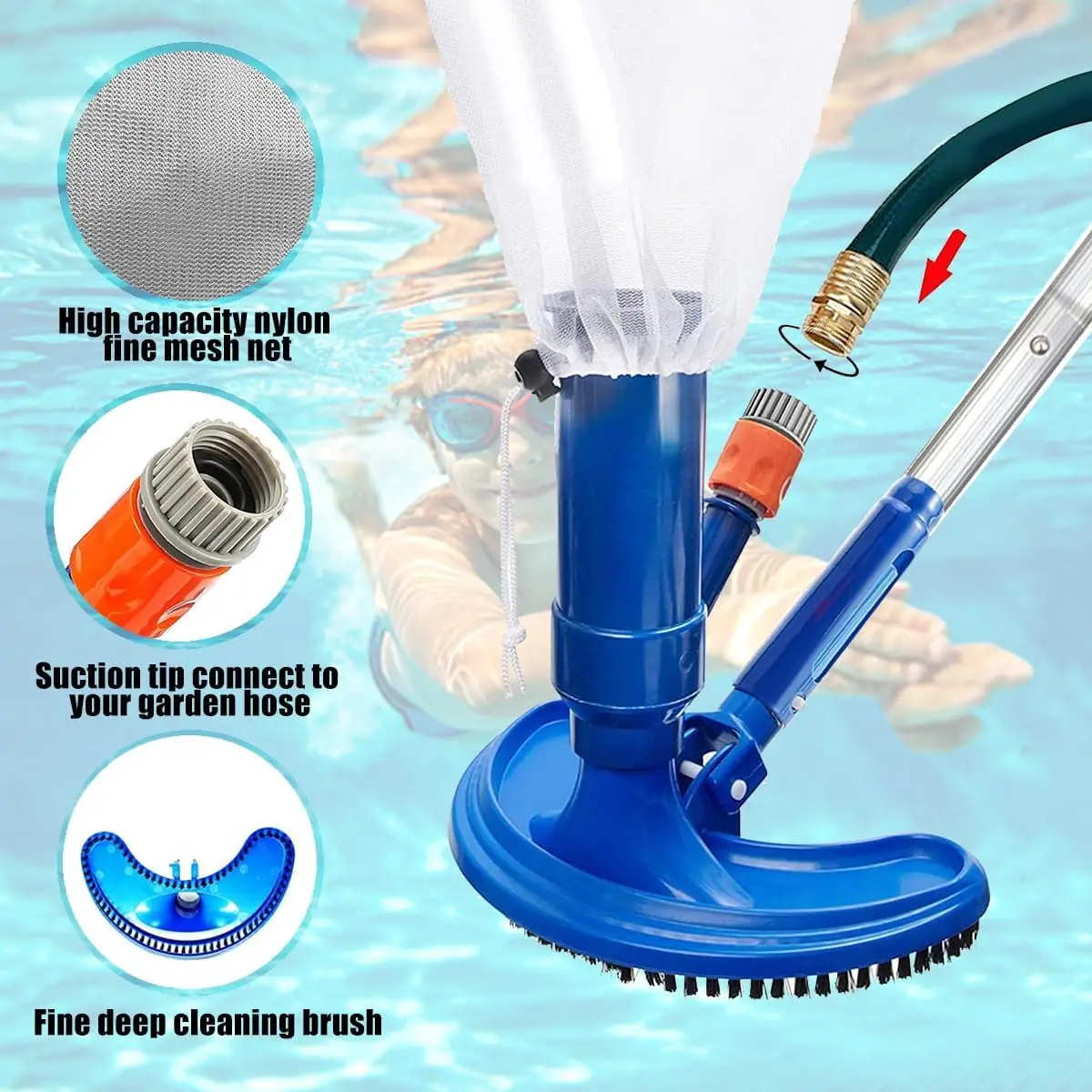 60 inch Pool Vacuum Cleaner Handheld Telescopic Pole Portable Toolkit Brush Swimming Vacuum Cleaner with Cleaning Brush Set