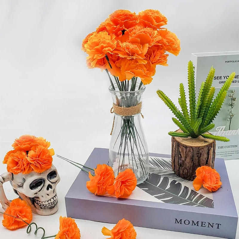 5/10 Stück 5 cm große orangefarbene Ringelblumenköpfe mit Stielen, künstliche Seidenblumen für Zuhause, Zimmer, Hochzeit, Party, Halloween-Dekoration – Detail 5
