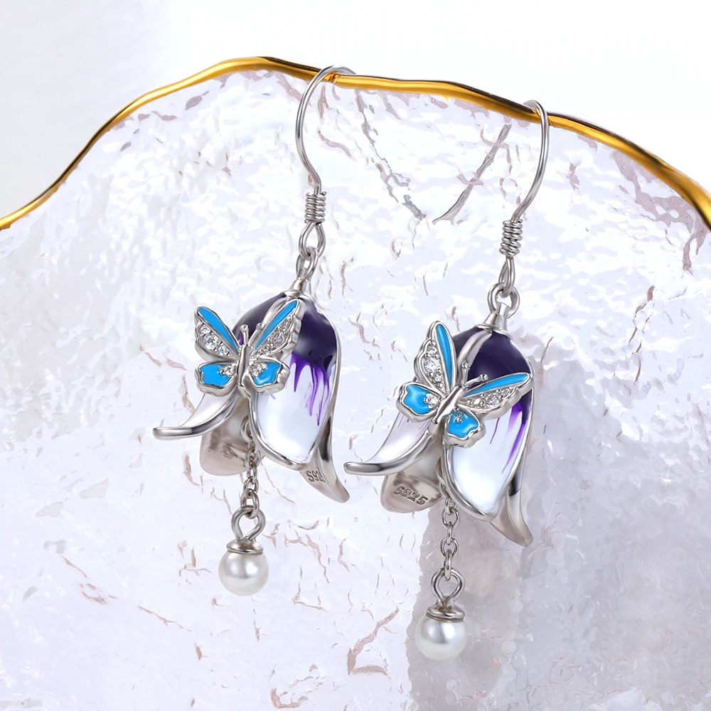 Pendientes colgantes florales de Plata de Ley 925 para mujer y niña, aretes con perlas de agua dulce, joyería de mariposa, regalos