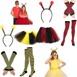 2024 New Kids Adult Family Halloween Bee Costume Kit Ladybug Bopper Antenna Headband Tutu Skirt Striped Leg Warmers  Kit Cosplay