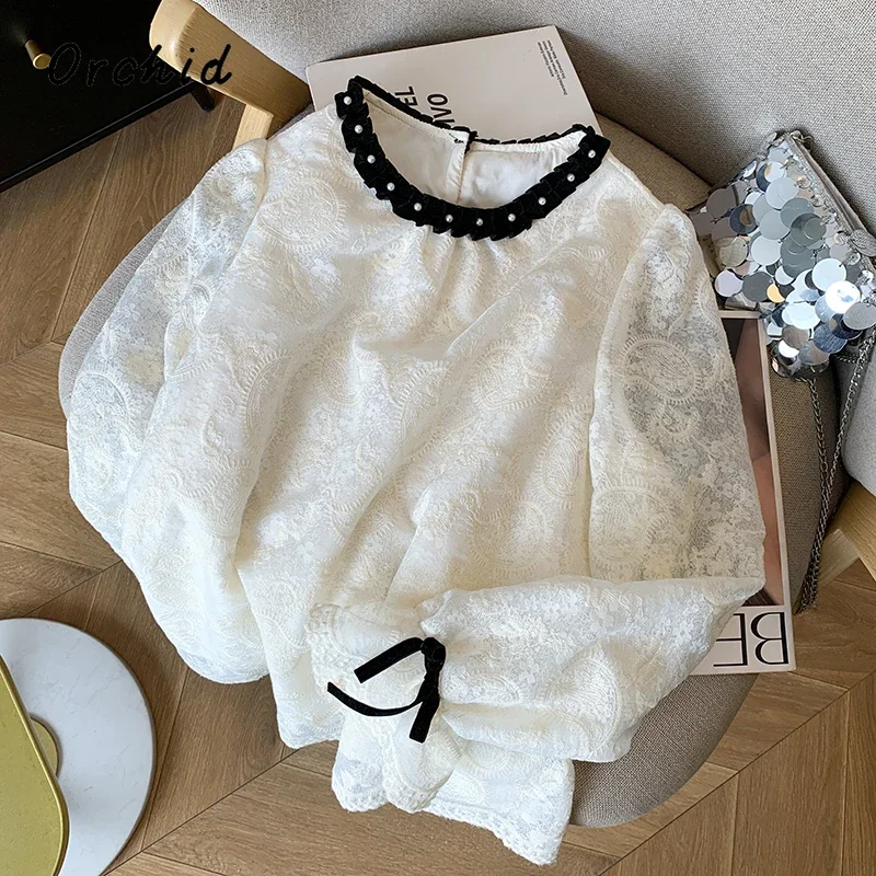 

Весна 2024, милая лоскутная рубашка на шнуровке с длинными рукавами, женская повседневная шикарная мягкая блузка с бантом, однобортные шифоновые футболки, топ