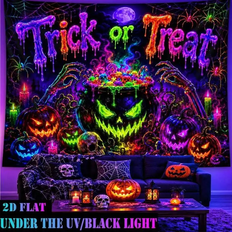 VIKAMA Neon Trick Or Treat Pumpkin Skull Halloween Christmas Tapestry Purple Blue Glow Jack O Lantern Skeleton Spider Web Candle