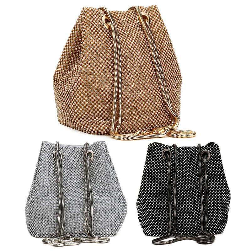 Gold Diamond Bucket Bag Sac Main Femme Fashion Women\'s Sparkly Rhinestones Wedding Party Tote Handbags Shoulder Messenger Purse