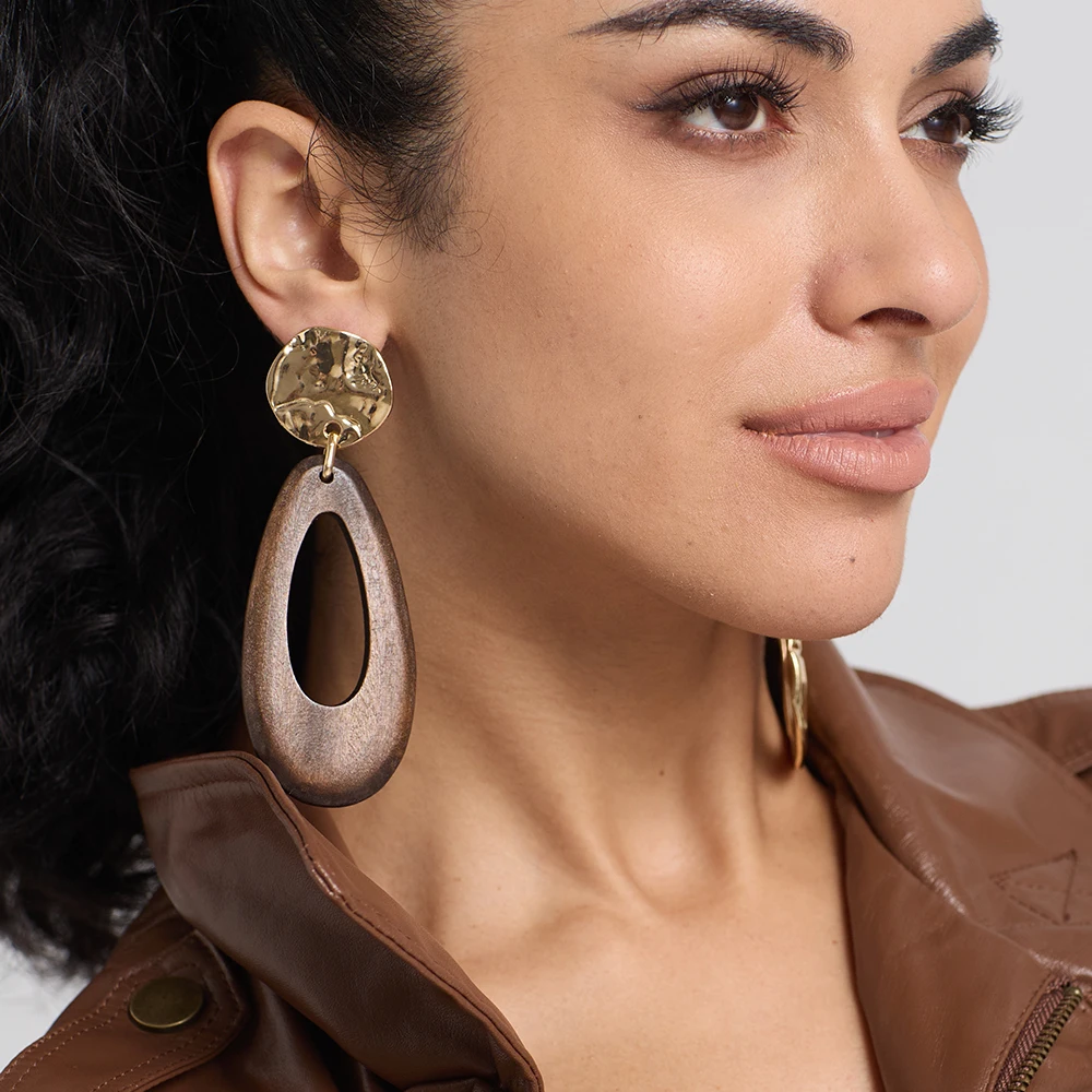 Recién llegado, pendiente de madera de forma irregular, pendientes grandes llamativos, tendencia de moda, accesorios de joyería fina para mujer