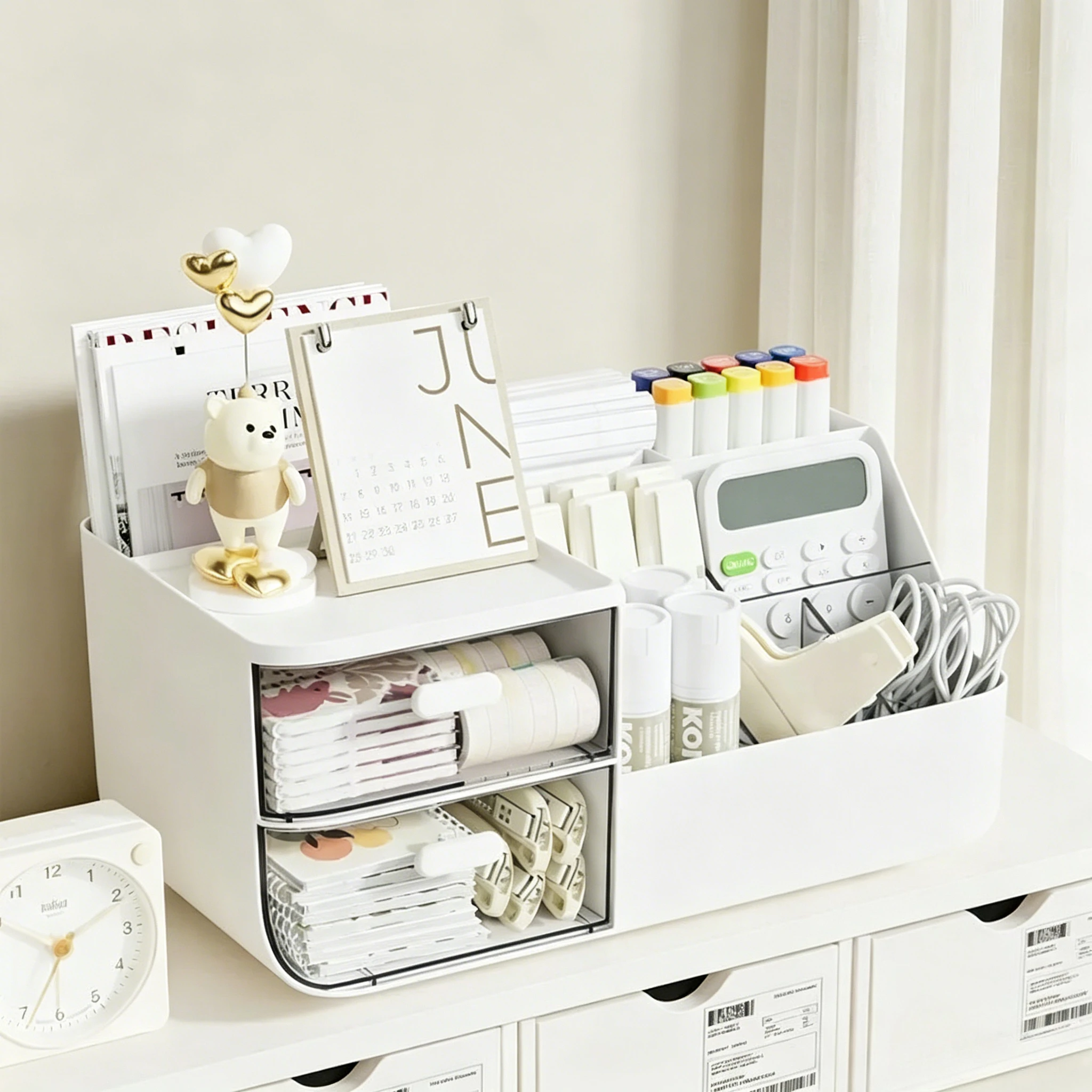 Organizador de Mesa Multifuncional de Grande Capacidade com 2 Gavetas Transparentes para Armazenamento de Material de Escritório e Escolar
