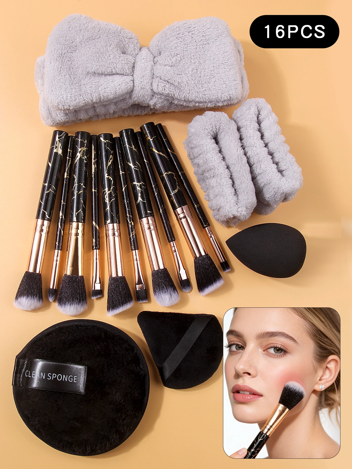 مجموعة فرش مكياج مكونة من 16 قطعة من الرخام الذهبي الأسود، إسفنجة مكياج، نفخة البودرة، رباط شعر، رباط معصم، أدوات تجميل