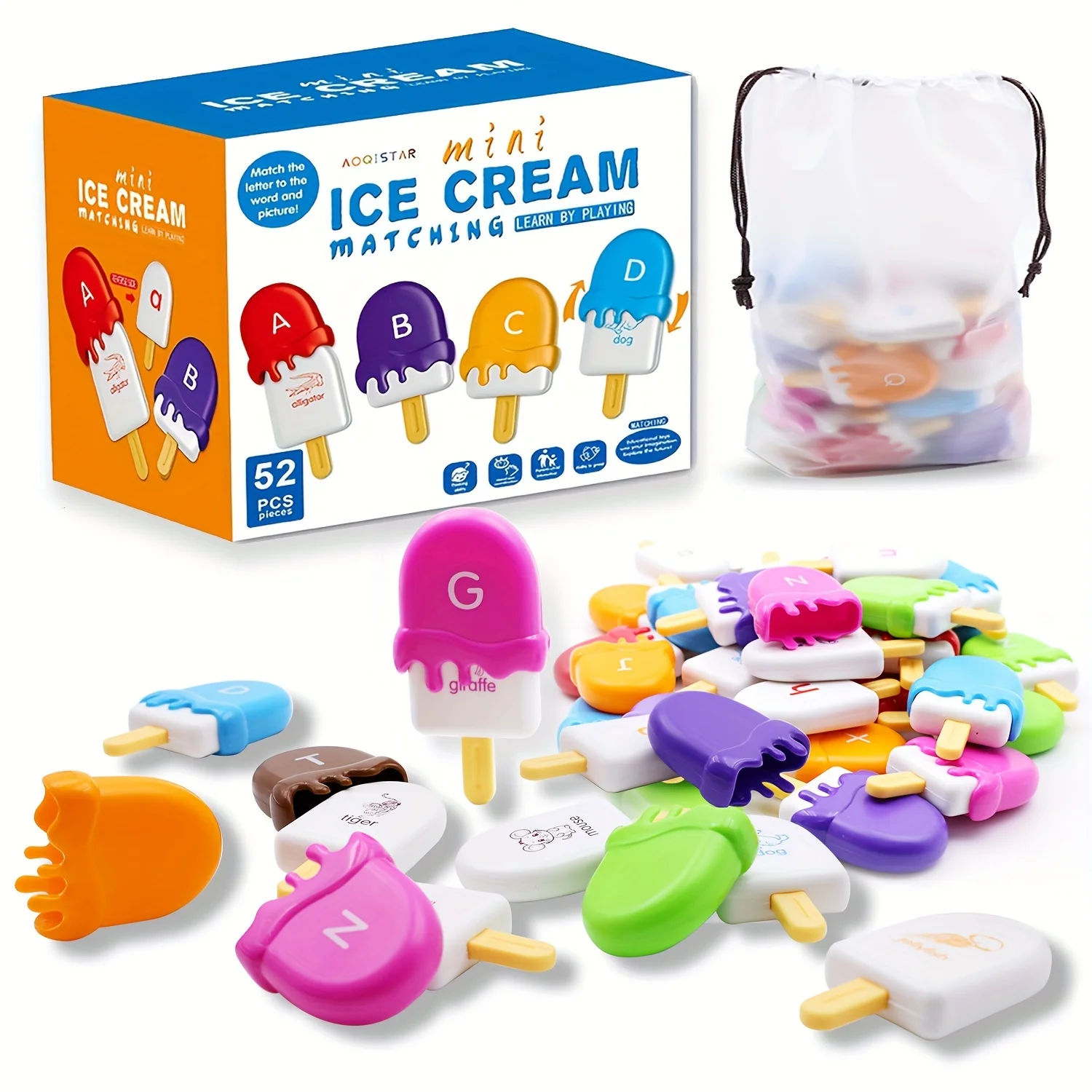 Jouets de crème glacée avec lettres assorties, Alphabet, majuscules, couleurs minuscules, jeu d'appariement cognitif, apprentissage éducatif pour garçon et fille
