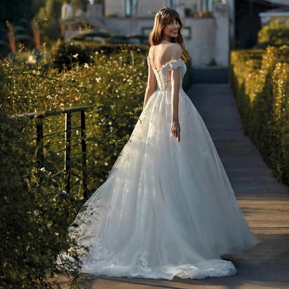  Customized Soft Dreamy Sweet Bardot Neck Lace Ballgown Dress Intricate Appliques Long Train Nuptial Outfit For Bride Banquet