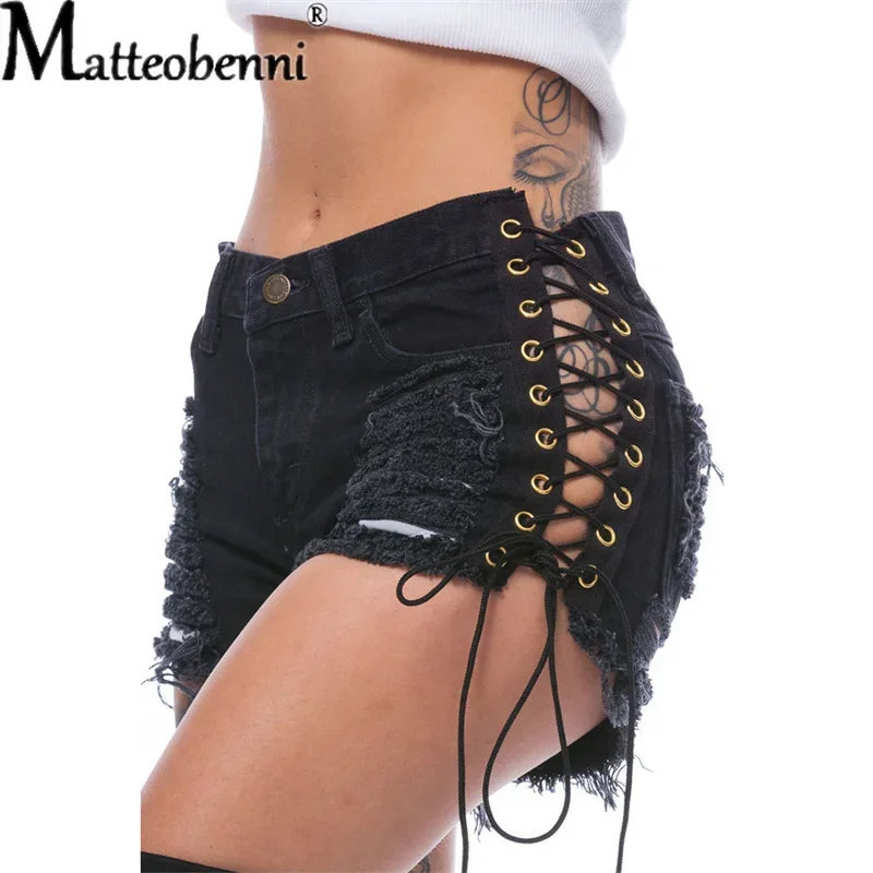 Sexy Ripped Tassel Jeans Streetwear High Waist Straight Denim Shorts 2022 Summer New Women Lace-Up Hole Hollow Out Jean Shorts