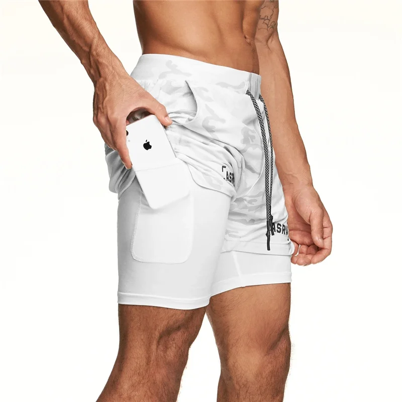 Shorts de corrida camuflagem para homens, secagem rápida, esporte ginásio, fitness, jogging, treino, praia, calças curtas, novo, 2 em 1