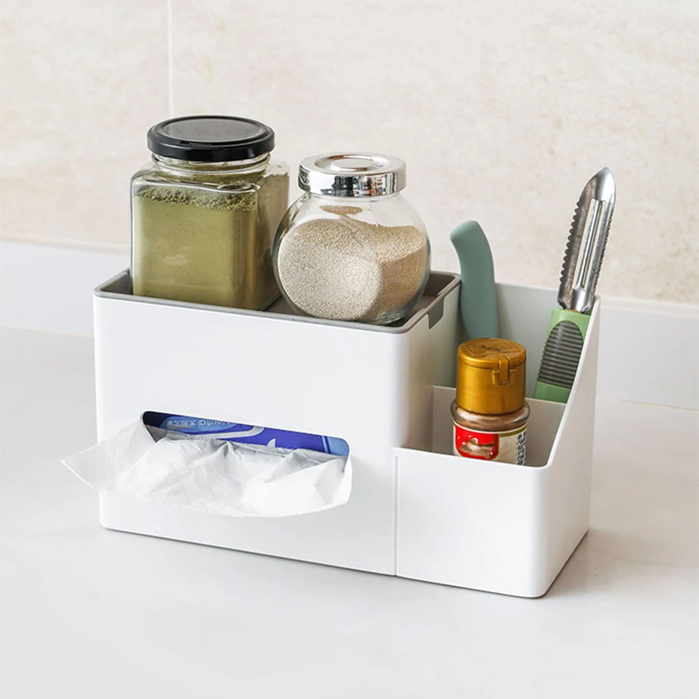 

Multifunctional Desktop Organizer Plastic Tissue Paper Box Sundries Storage Holder Container for Home Living Room (Grey)