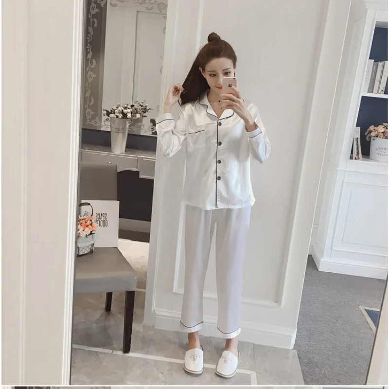 ขนาดใหญ่ขนาดซาติน Silky ชุดนอนผู้หญิงฤดูใบไม้ผลิแขนยาวเสื้อสเวตเตอร์ถักกางเกง 2 ชิ้นชุดชุดนอนเสื้อผ้า Loungewear