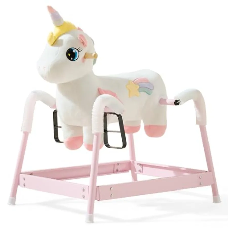Caballo mecedora de primavera de unicornio para niños de 3 a 8 años, paseo de hada arcoíris con resorte cubierto y marco resistente, vicina y galop