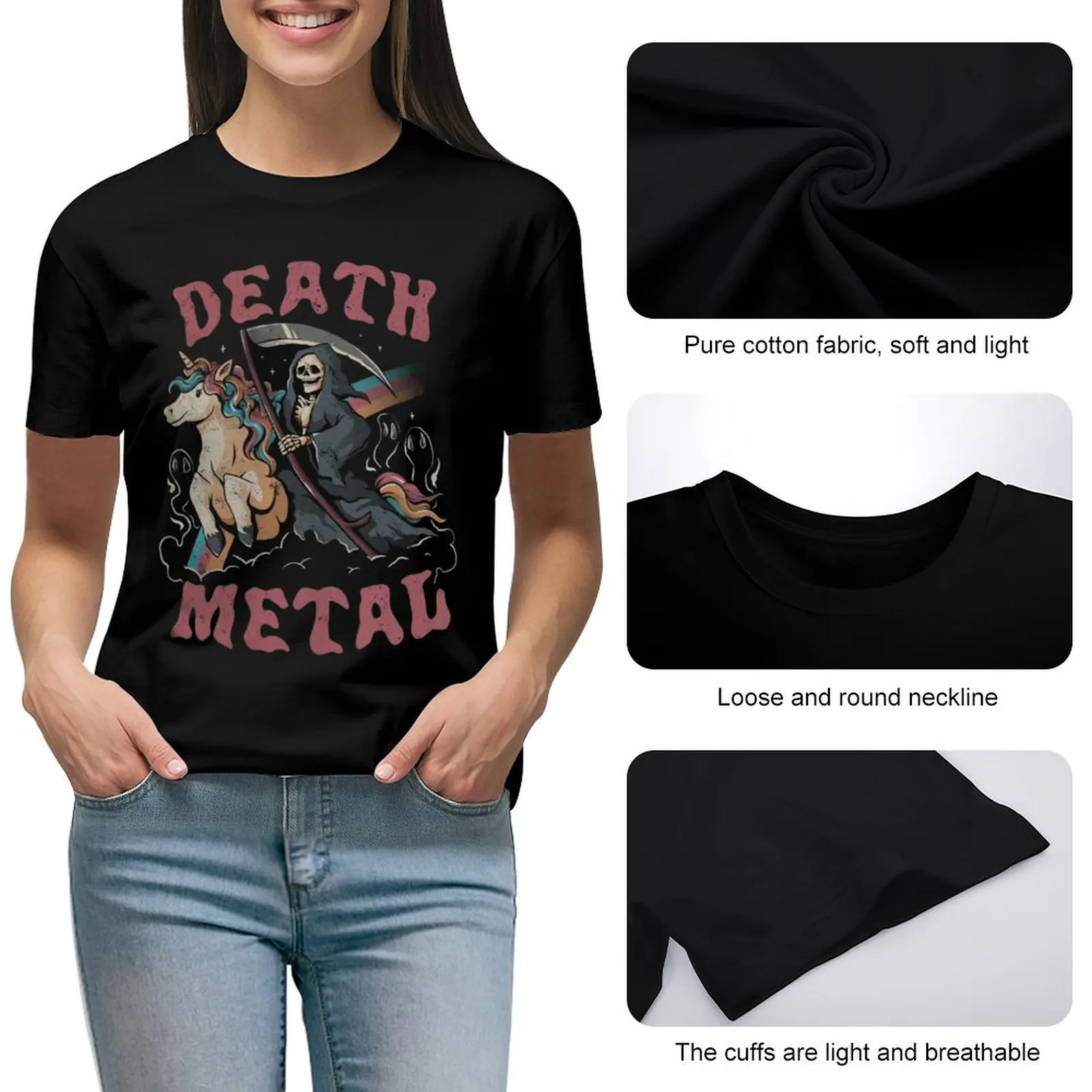 Death Metal Riding Unicorn Reaper Print T shirt Women Short Sleeve Black T-Shirt Big Size S To 4XL Female Tee Breathable Tshirt