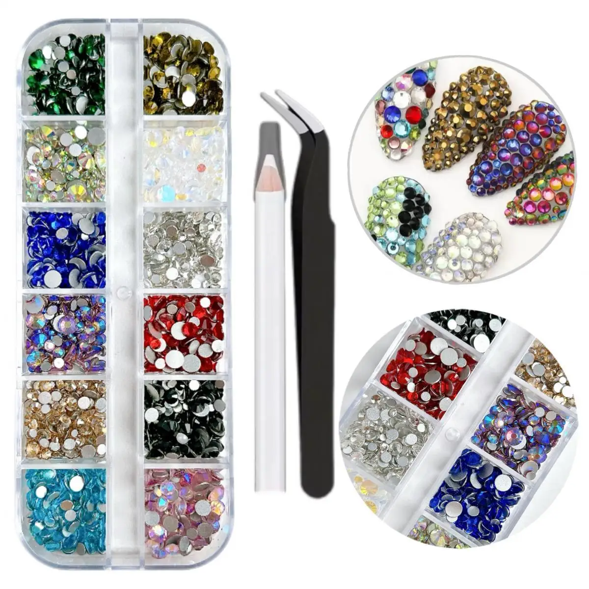 1 pudełko lśniące drobne wielkoformatowe zawieszki do paznokci ze strasem kolorowe okrągłe Rhinestone zdobienie paznokci dekoracje Manicure DIY akcesoria