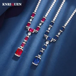 Sparkling 8*10MM Ruby Sapphire Gemstone Pendant Necklace for Women Vintage High Carbon Diamond Cocktail Party Fine Jewelry Gift