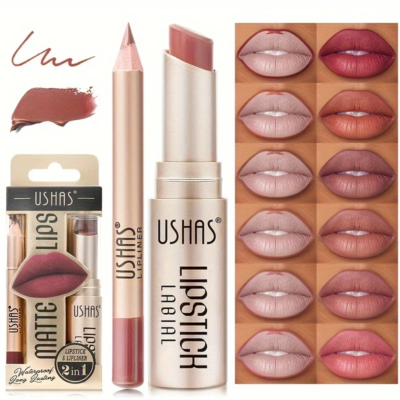 USHAS 12 Color Matte Lipstick Set Long-lasting Waterproof Lipstick + Lip Liner Set Easy Coloring Non-Stick Cup Lip Makeup Suit