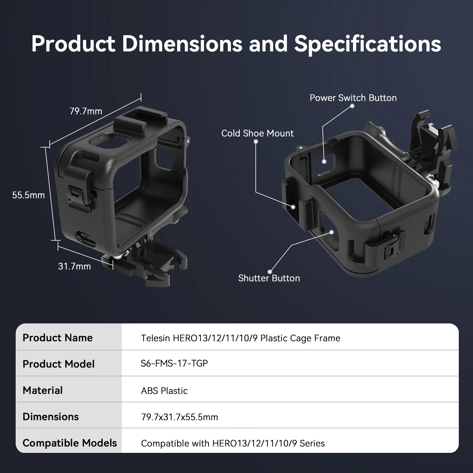 TELESIN Vlog Frame Корпус Монтажный кронштейн с холодным башмаком Батарея Боковая крышка Отверстие для GoPro Hero 9 10 11 12 13 Аксессуары