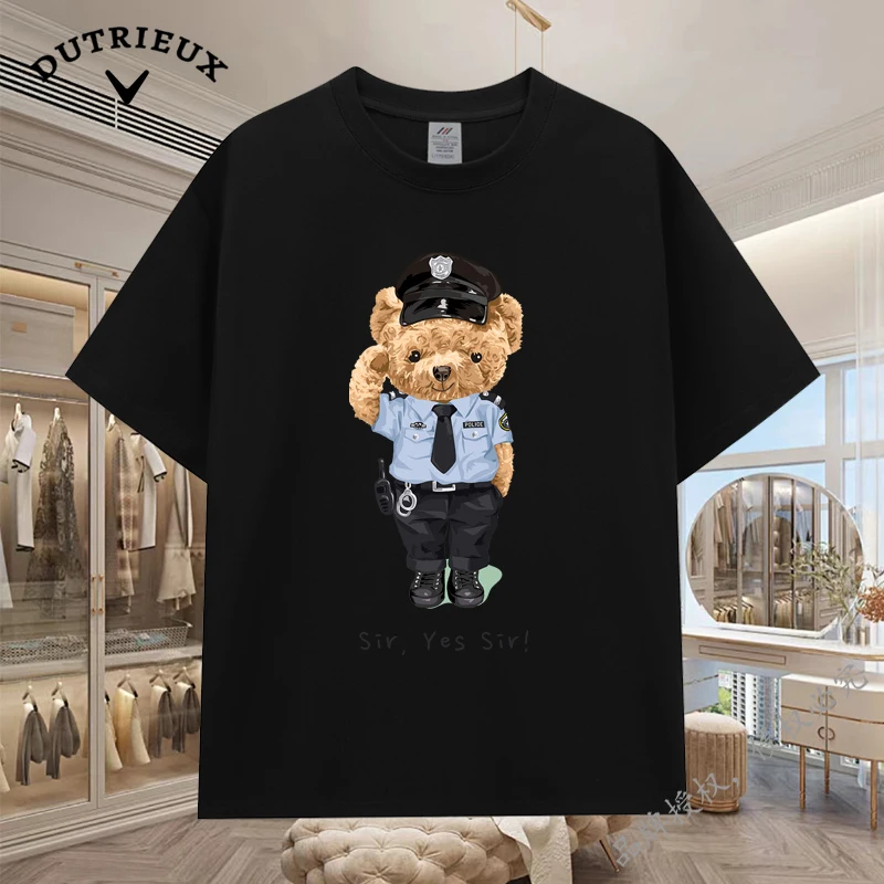 2024 New Luxury Bear Short Sleeved Men's and Women's Loose 230g Fabric weight Cotton Versatile Round Neck Breathable Inner Layup