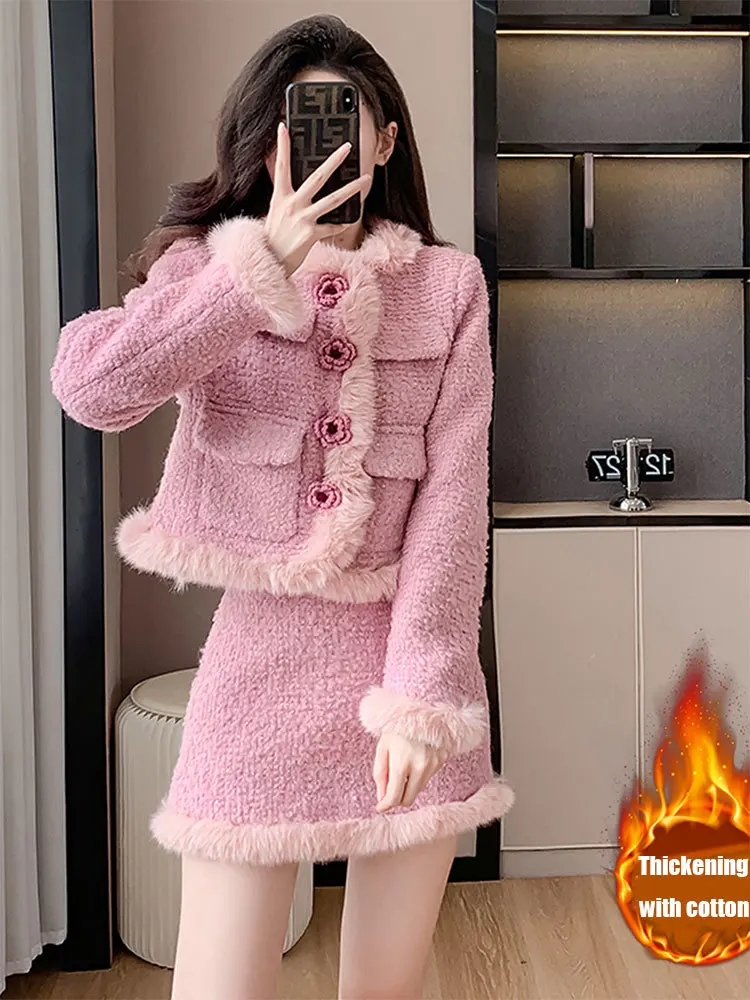 Fashion Thickened Pink Suit Women's 2023 Winter Faux Fur Collar Flower Buttons Pockets Plush Cuffs Coat+A-Line Skirt 2-Piece Set