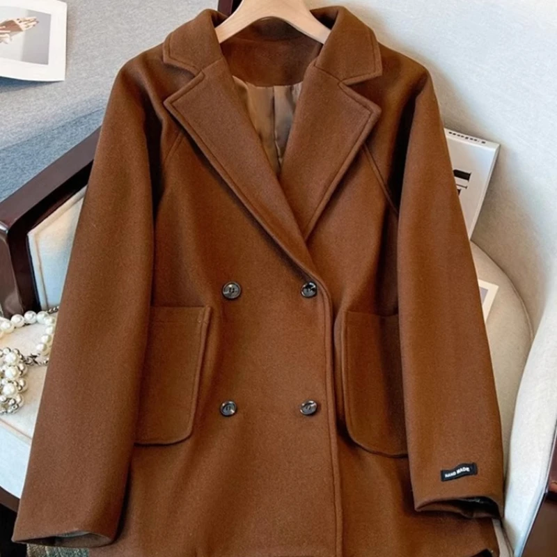 Women\'s Fall/Winter Retro Casual Cropped Woolen Blazer Coat French Style Commuter Double-breasted Suit Collar Woolen Jacket Coat