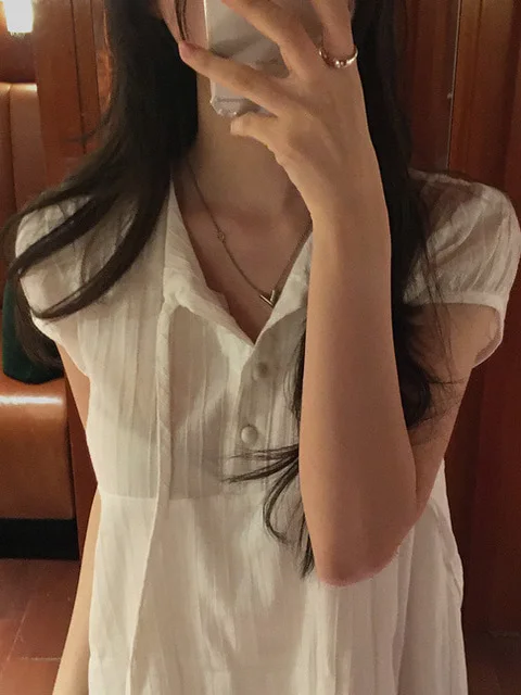 Chic White A-Line  Dr Women's Faionable Turn-down Collar Cute ort Sve Gown Korean Sle Princ Skirt for Date