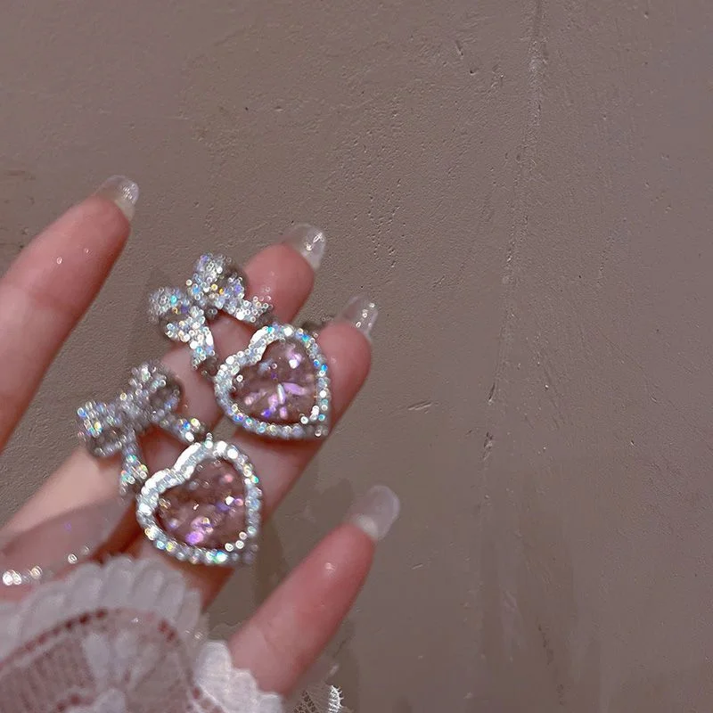 Exquisite Pink Heart Shape Bowknot Stud Earrings For Women Shining CZ Zircon Love Earring Girl Wedding Party Temperament Jewelry