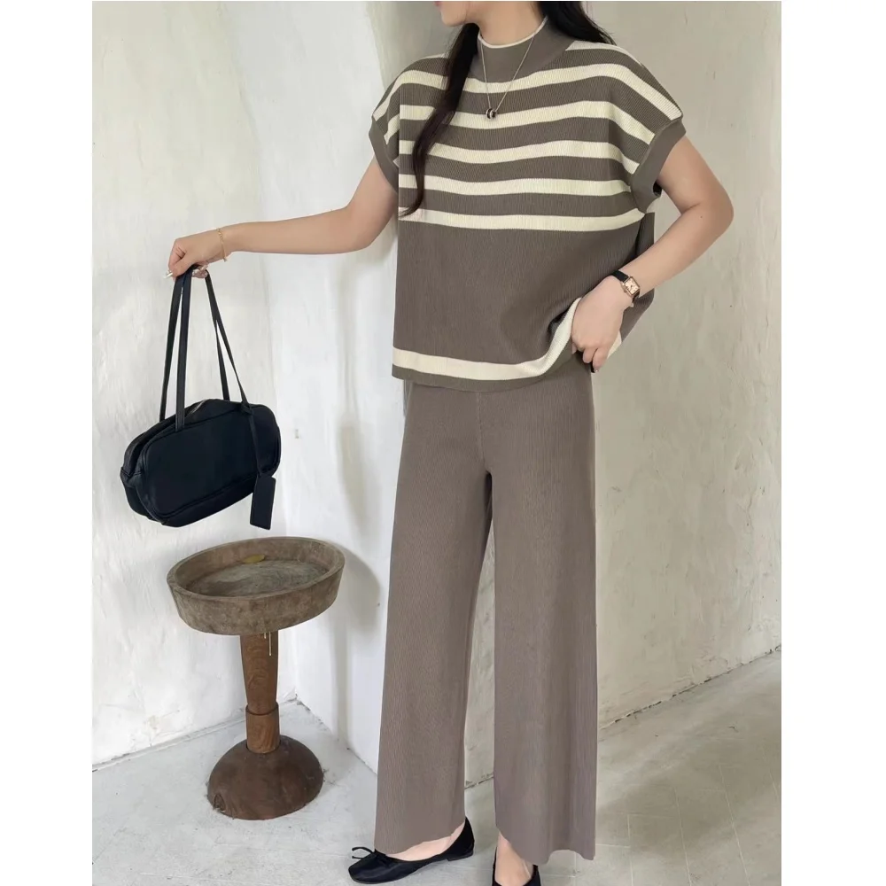 2024 New Elegant 2-piece Sets For Women Sweater Casual Pullovers Suits Knitted Loose Striped Sleeveless Tops Wide Leg Pants Sets