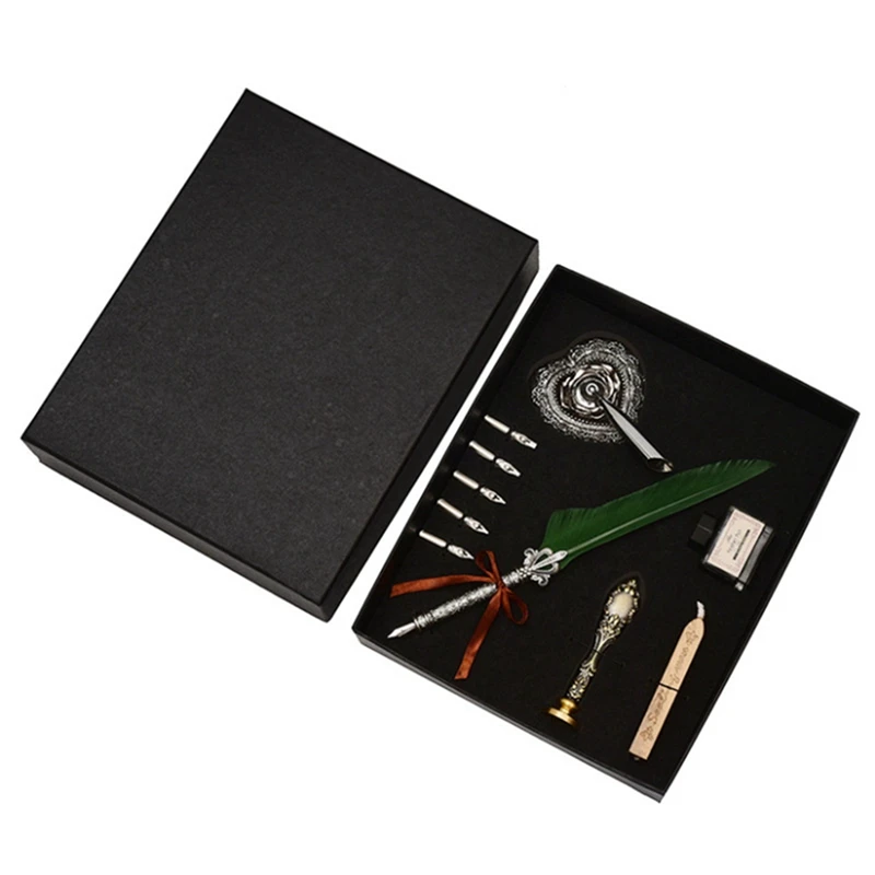 Caligrafia Quill Pen com Wax Seal Sticks para Iniciantes, Feather Dip Pen, Writing Ink Set, Gift Box