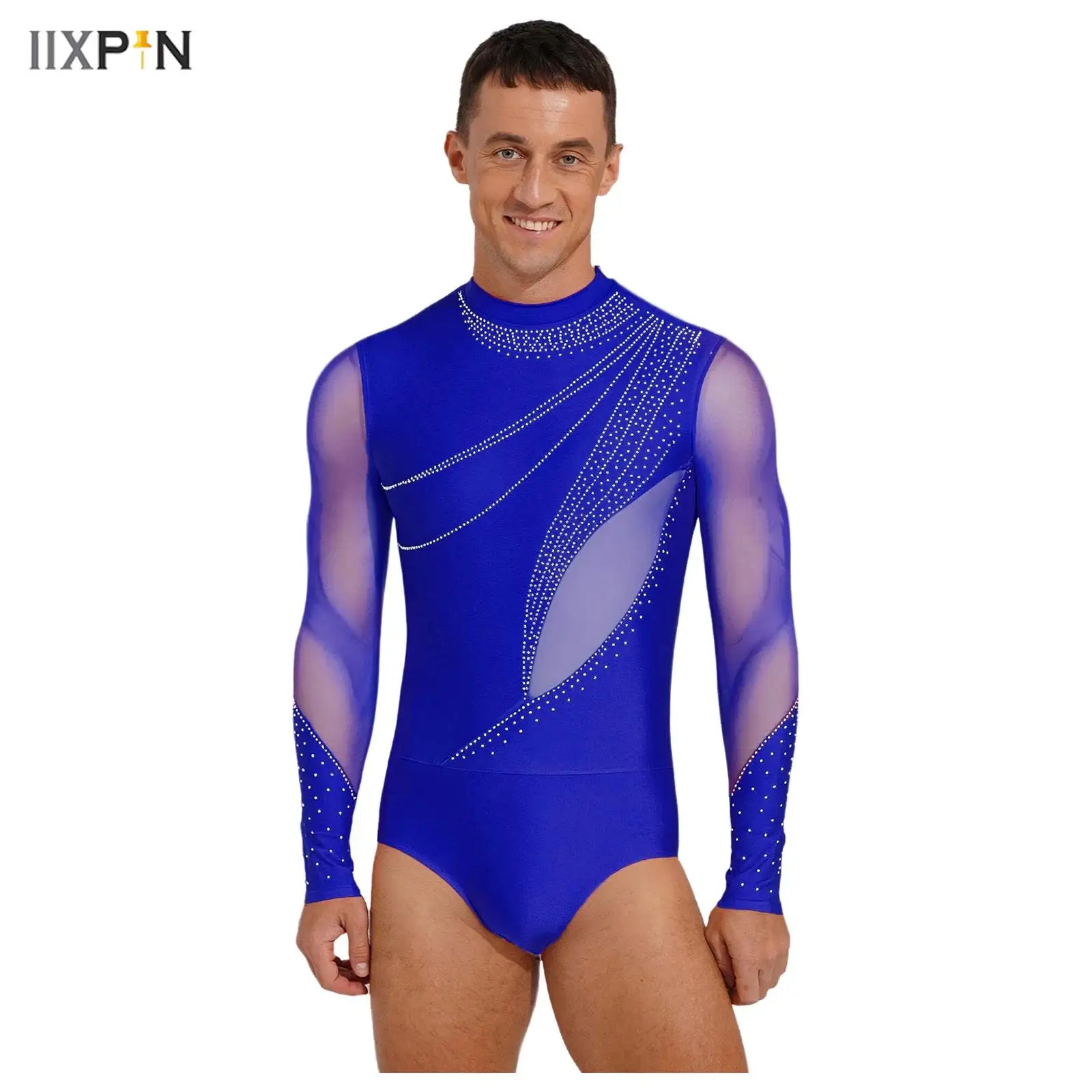 

Mens Latin Dance Figure Skating Bodysuit Glittery Rhinestone Long Sleeve One-piece Leotard Jumpsuit for Gymnastics Ballet Dance