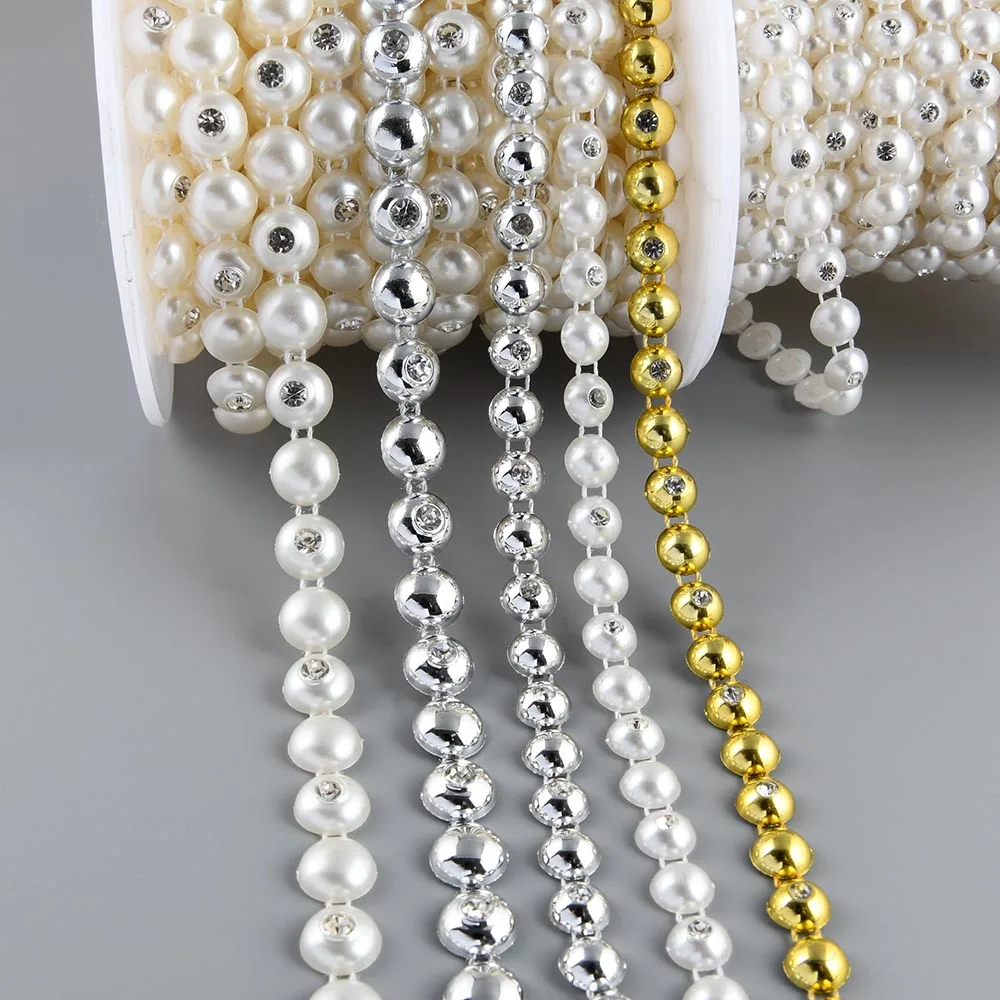 1Yard 8-10mm Width ABS Imitation Pearl Flatback Hemisphere Beads with Rhinestone Chain Sewing Trim Lace Wedding Arrangements DIY