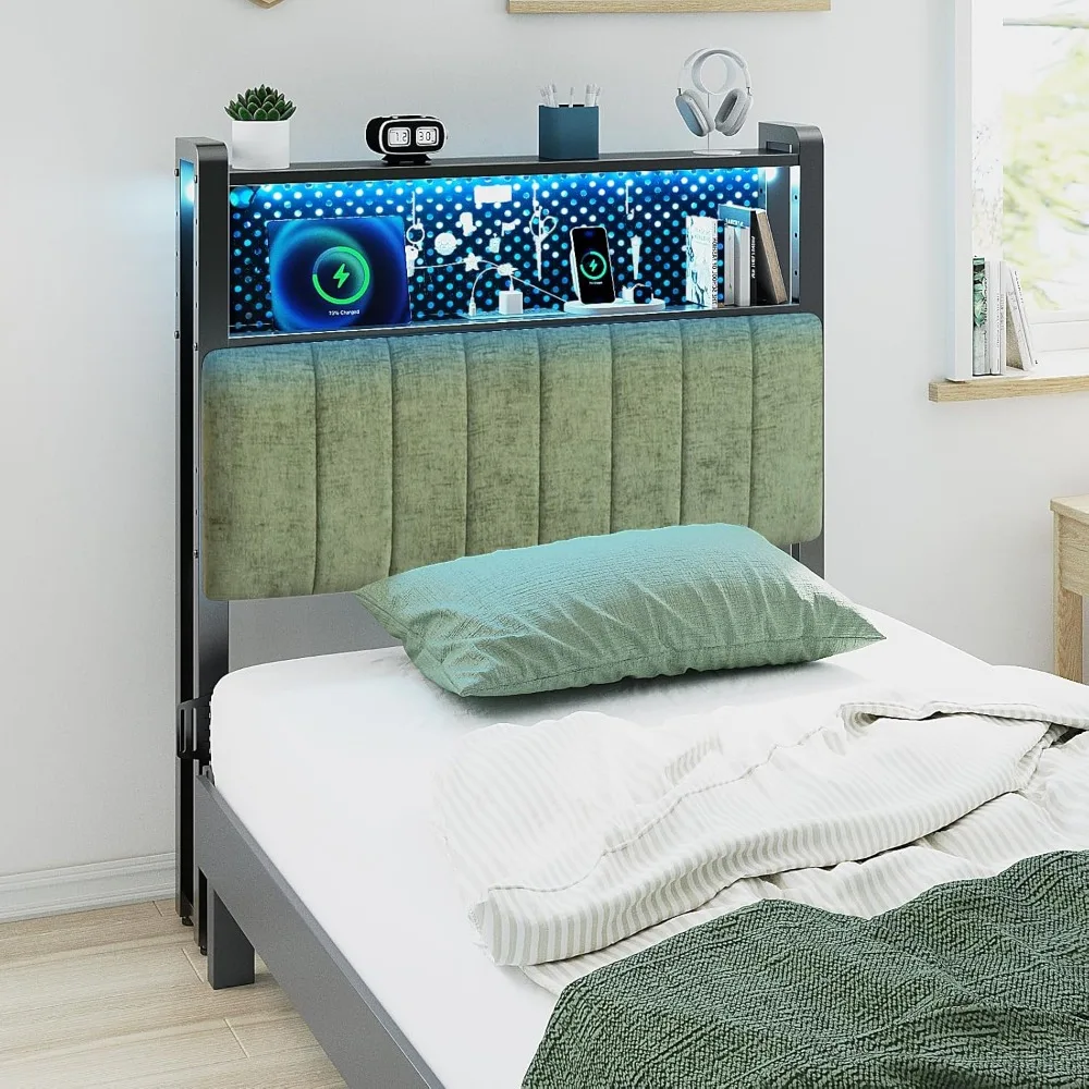 

Twin or Twin XL Size Headboard, Adjustable Upholstered Headboard with 2 Tier Shelves and Pegboard with Charging Stations