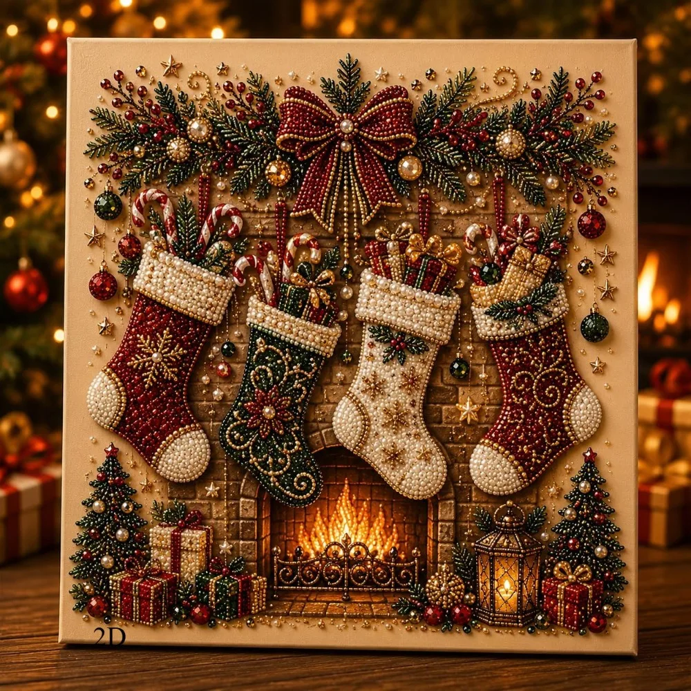 2D/Flat Printing Christmas Pearl Painting Set Pearl Rhinestone Christmas Bell Reindeer Socks Tree Pattern Canvas Decoration 2026
