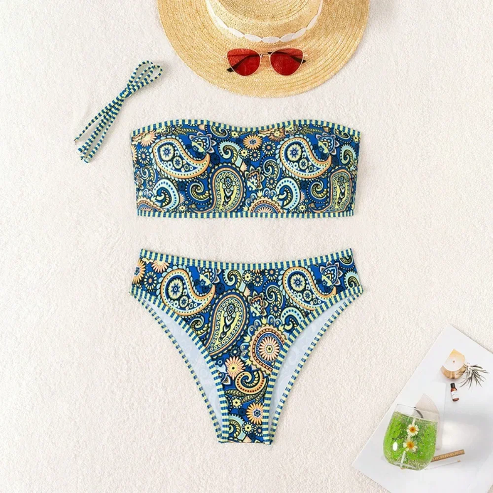 DAILOU 2024 New AliExpress European and American Printed Strapless Split Swimsuit Women's Beach Sexy Bikini Hot Spring Swimsuit