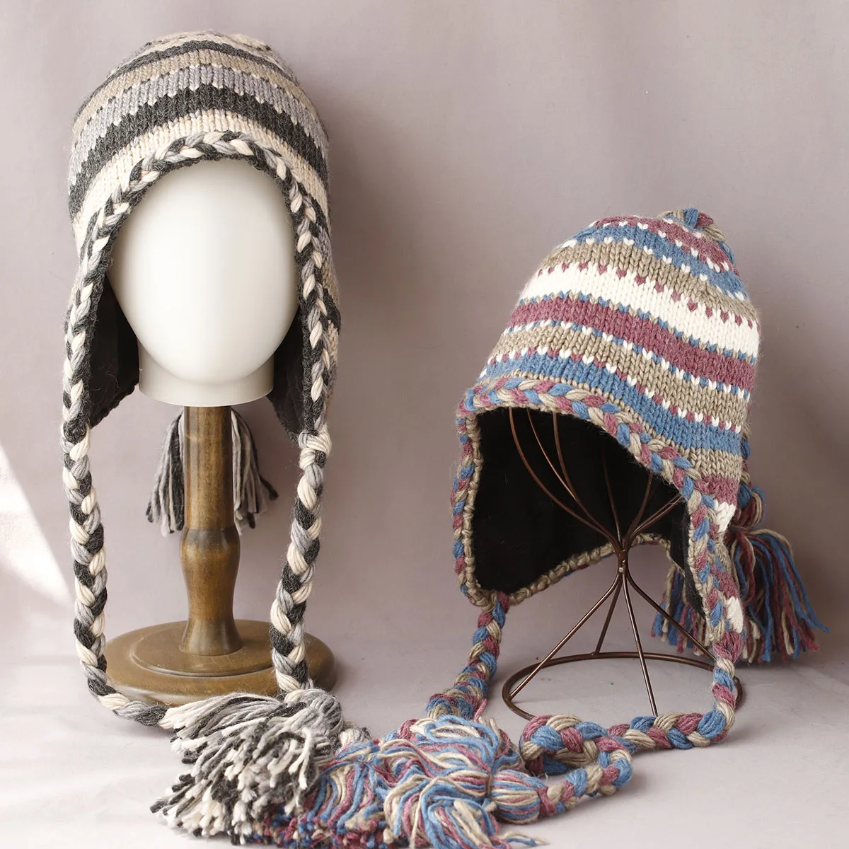 bomberbraid hair Hand hook hat FUR Women's Winter Thickened Warm Knitted Wool Cap Cold Cap Large Head Surround Hat with earflaps #6