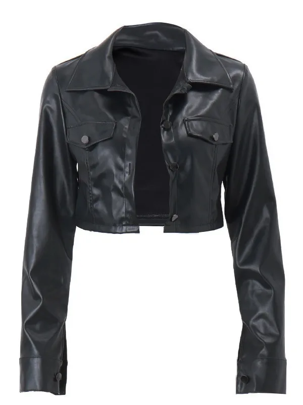 Coat women 2026 casual personalized lapel button-down crop top PU leather cardigan jacket women's clothing