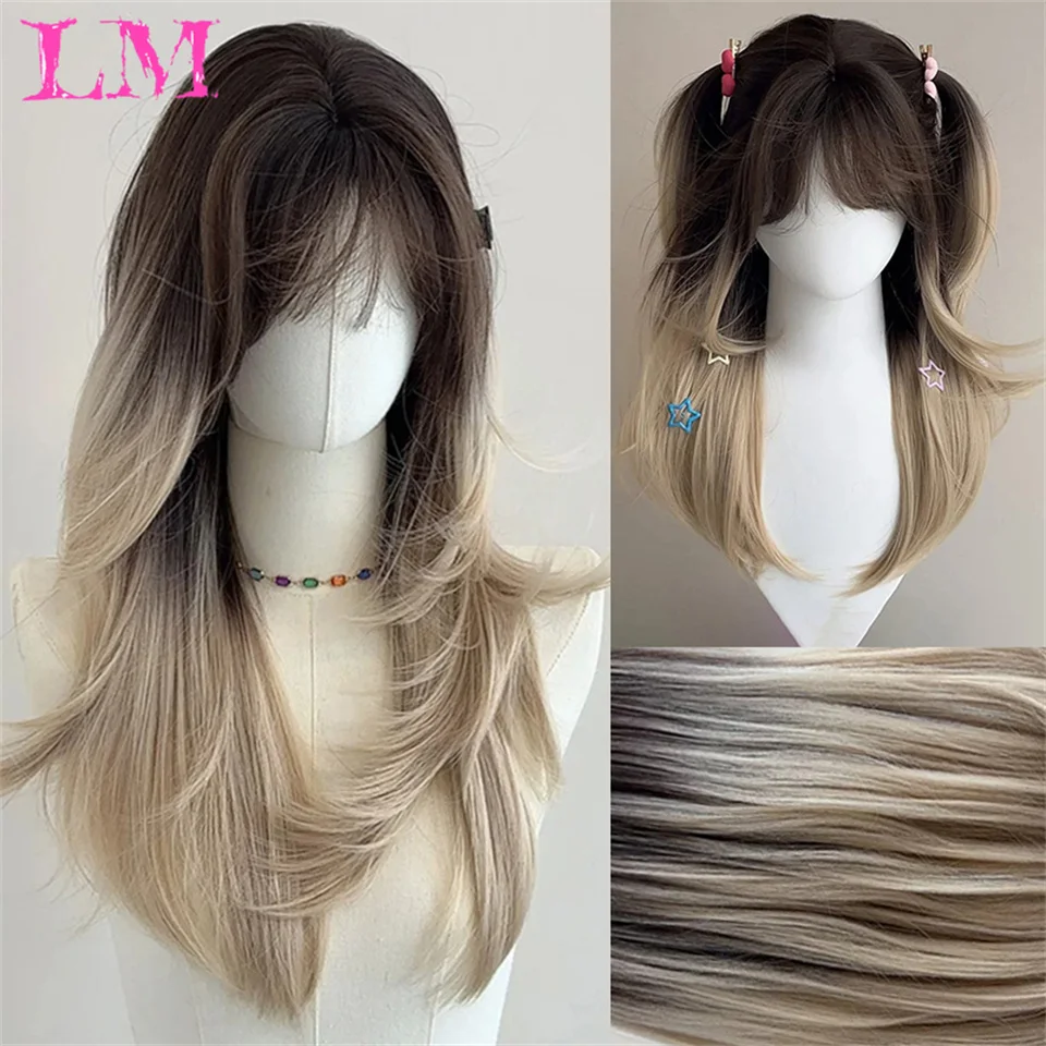 LM Ashely Light Brown Wig Female Headband Body Honey Brown Rose Hair synth Models in French Bangs High Level Simulation Hair Wig