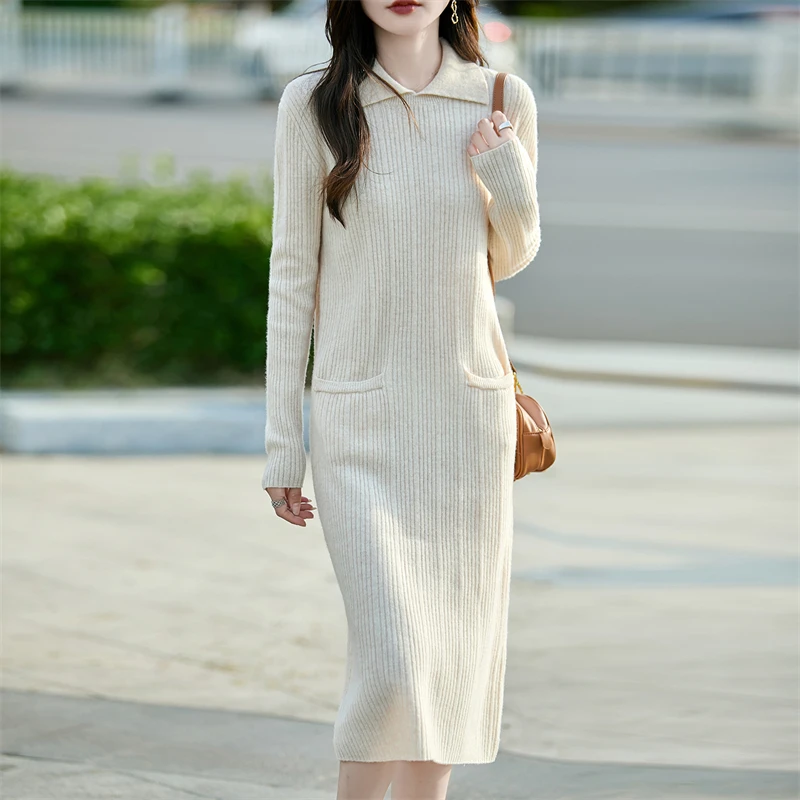 

Трикотажное платье из 100% мериносовой шерсти, женская свободная длинная юбка с лацканами, модные однотонные юбки с двойными карманами, осеннее новое нижнее платье