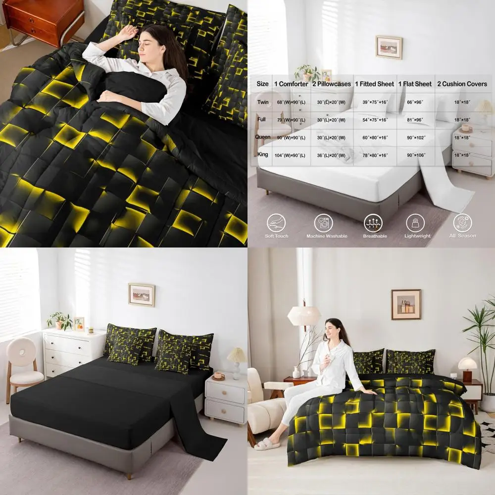 

Neon Black Gold Checkered Queen Bedding Set with Sheets, 7-Piece Plaid Comforter for Gaming Rooms & Teen Decor