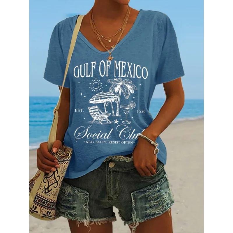 Retro Women's Gulf of Mexico Print T-Shirts Summer Short Sleeve V Neck Tops Hot Tees
