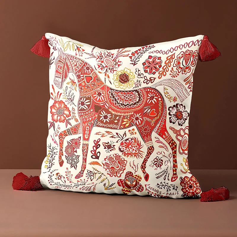 Suvan Luxury Painted Horse Pattern Pillowcase Velvet Tassel Double-Side Printed Cushion Cover Decoration Home Friends Gift