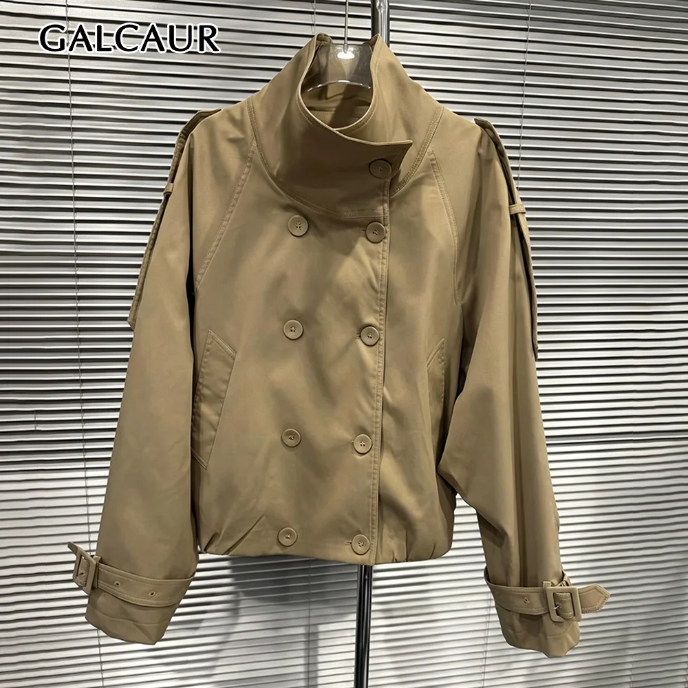 GALCAUR Strap Spliced Button Loose Jacket for Women High Collar Long Sleeve Patchwork Pocket Casual Jackets Female Fashion Style