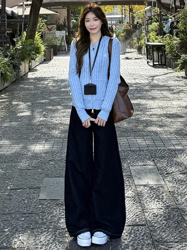 High Waist Wide Leg Denim Blue Jeans Women's Autumn Winter New Loose Straight Floor-Length Pants Retro Sle Casual Faion