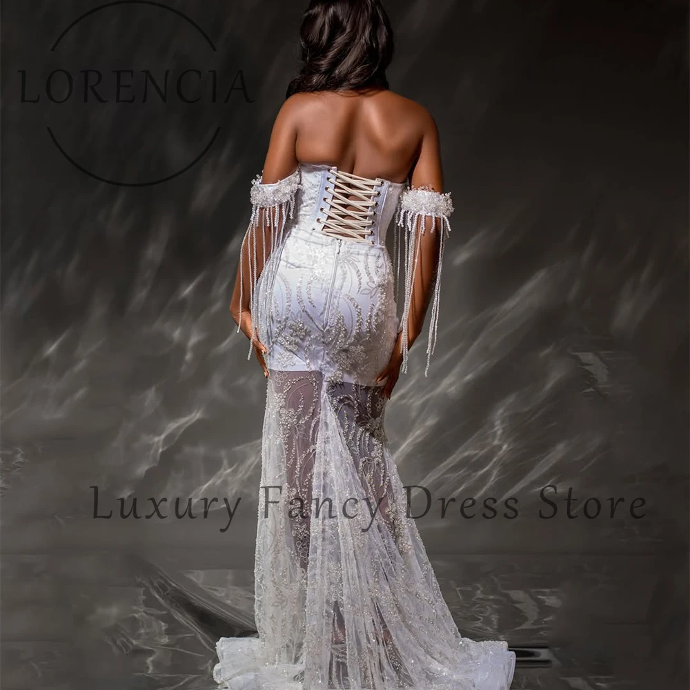 高級キラキラ真珠ウエディングドレスオフショルダービーズマーメイドウェディングパーティードレスカスタマイズされたタッセルローブド夜会ドバイ