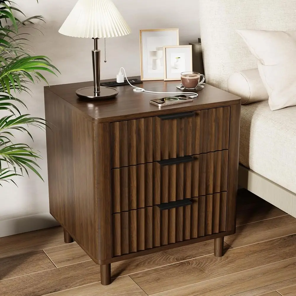 منضدة مخددة مع قاعدة شحن، طاولة بجانب السرير للتخزين متعددة الوظائف بثلاثة أدراج، منضدة حديثة من الخشب الصلب، P منحني