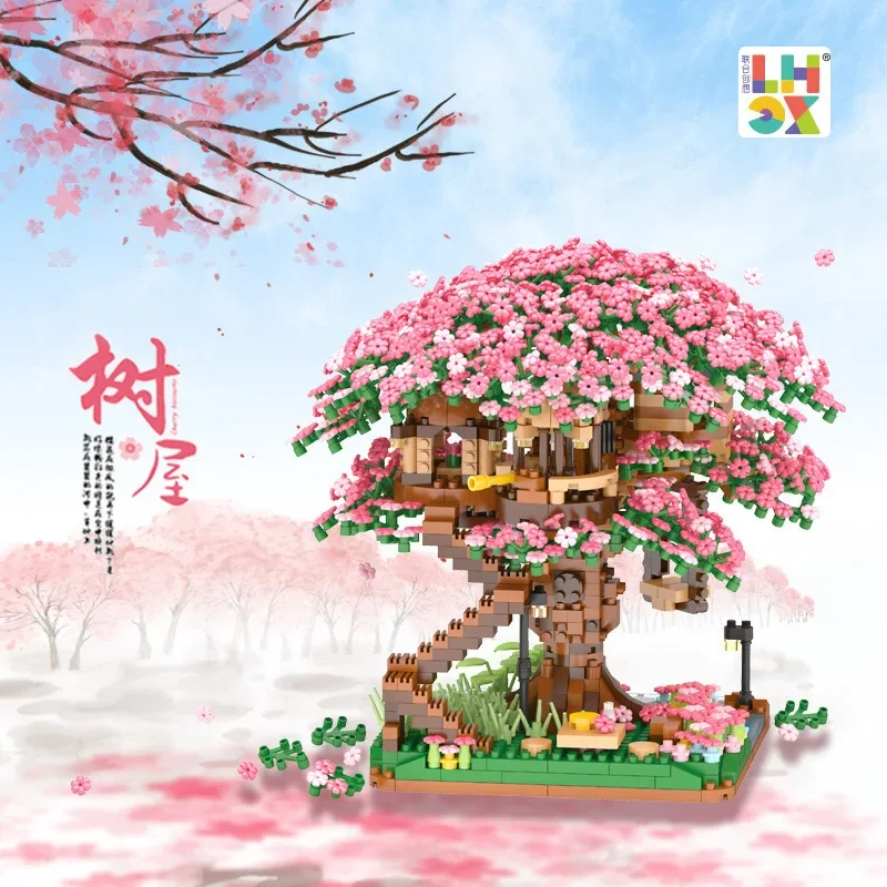 DIY Discoloration Cherry Blossom Flower Pink Tree House Train Assembly Building Blocks Model Bricks Sets Kid Holiday Toys Gifts