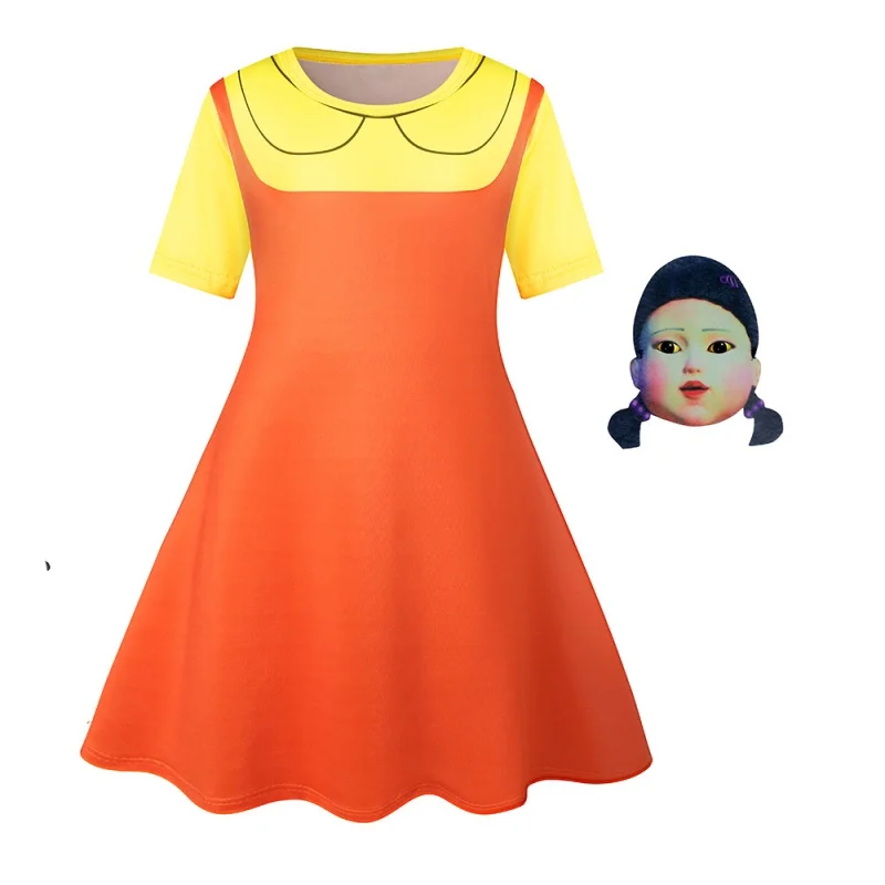 Girls Squid and Game Short Sleeve Cosplay Anime Dress Kid Halloween Costume Yellow Doll Princess Dresses For Birthday Party fant