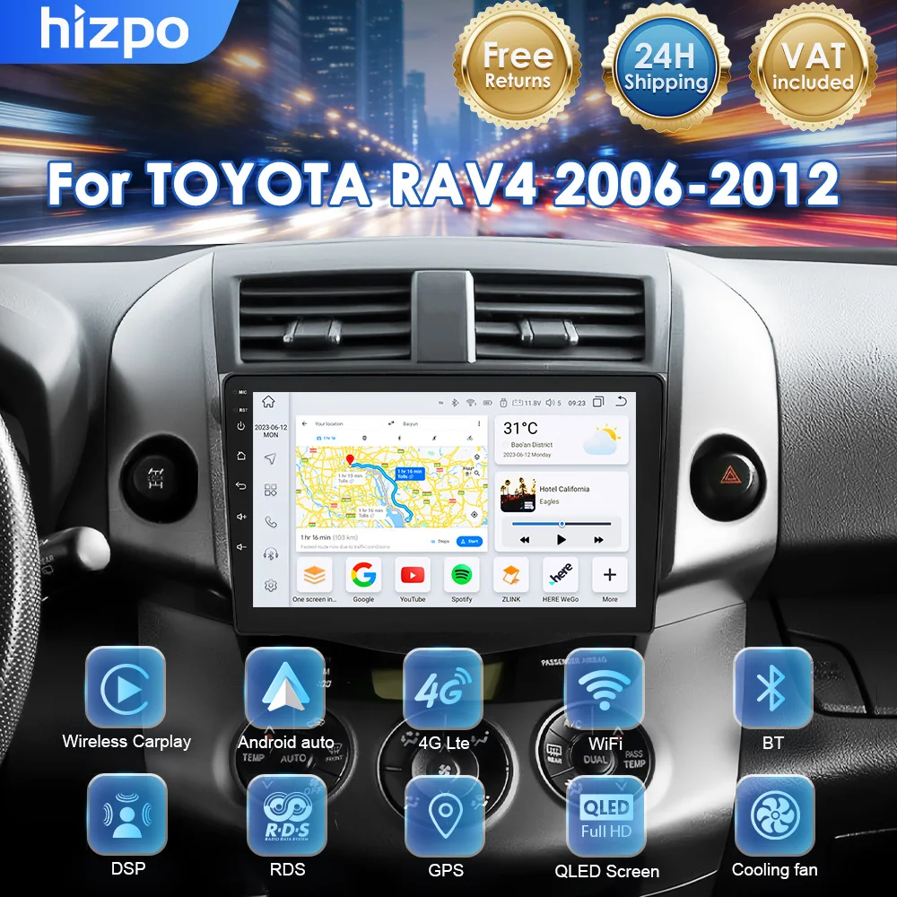 Hizpo Wireless CarPlay Android Auto Autoradio per Toyota RAV4 RAV 4 2006 - 2012 GPS Multimedia 2 Din Ricevitore stereo SWC DSP RDS 360 Telecamera 4G WIFI 7862
