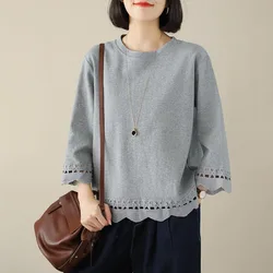 Femme Spring Summer Korean Fashion Printing Solid Color O-neck Women Clothes Simplicity All-match Appear Thin Long Sleeve Top Te